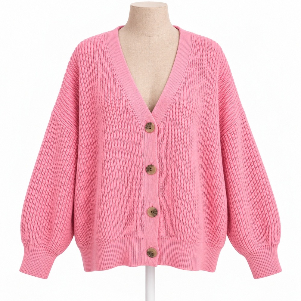 100% Cotton Chunky V Neck Button Cardigan Sz XXL Pink Coquette Oversized Preppy